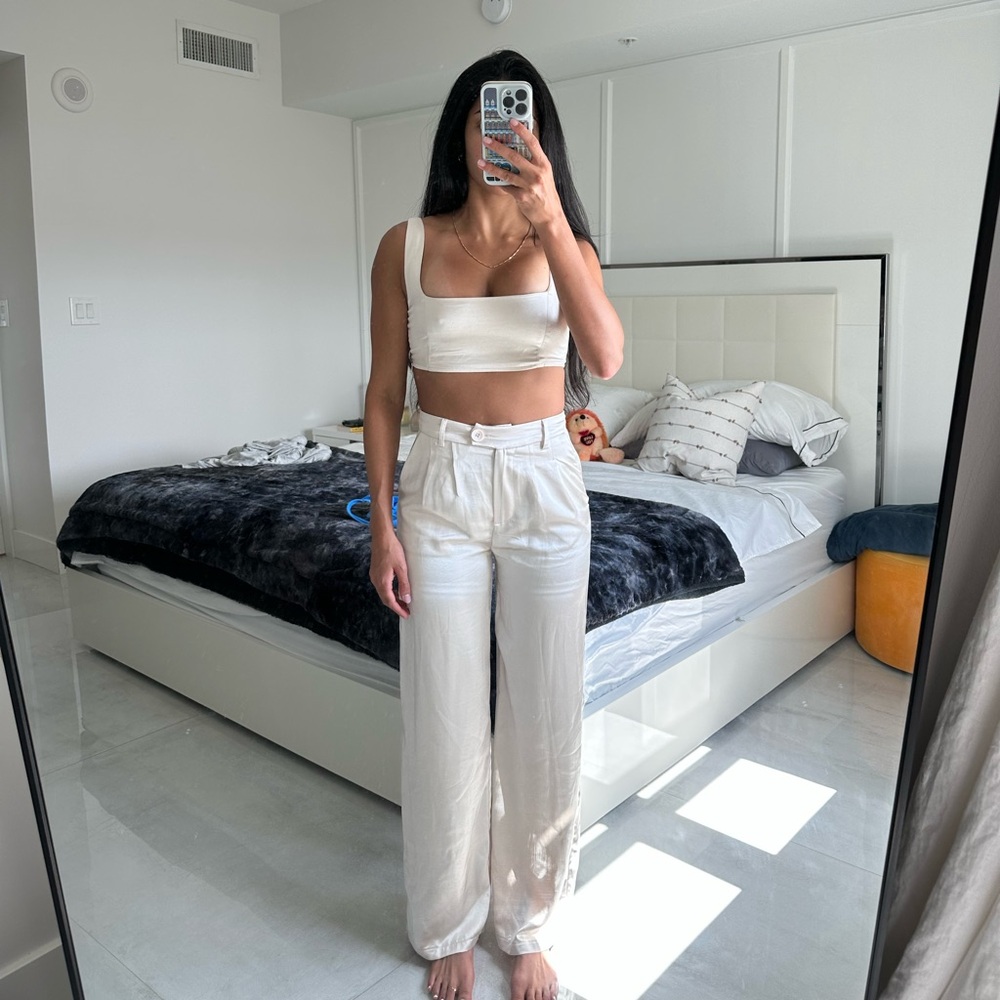 Cream Two-Piece Crop Top and Wide Leg Pants Set